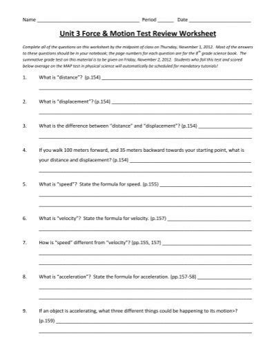 unit 3 force and motion test review worksheet answers